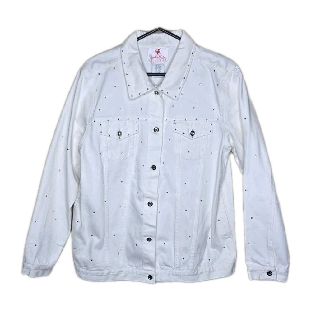 Quacker Factory VTG White Denim Jacket Wth Scattered Rinestones NWT Sz Med